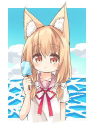 Rule 34 | 1girl, absurdres, animal ears, blue sky, blush, bow, brown eyes, cloud, collarbone, day, food, hair between eyes, hair bow, hair over shoulder, hand up, highres, holding, holding food, light brown hair, long hair, looking at viewer, low twintails, nakkar, neck ribbon, original, pink sailor collar, popsicle, red ribbon, ribbon, sailor collar, shirt, short sleeves, sky, solo, twintails, water, white bow, white shirt