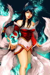Rule 34 | 1girl, ahri (league of legends), animal ears, bare shoulders, betrayal-and-wisdom, blue hair, braid, detached sleeves, dress, fox ears, fox tail, korean clothes, league of legends, lips, long hair, magic, multiple tails, short dress, smile, solo, tail, yellow eyes