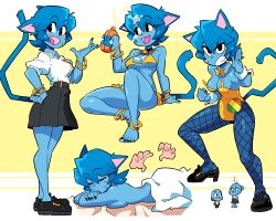 Rule 34 | absurdres, animal ears, anklet, arm support, bare legs, barefoot, bikini, black footwear, black nails, black skirt, blue hair, blue pantyhose, blue skin, blue tail, bracelet, breast press, breasts, cat ears, cat girl, cat tail, cleavage, closed eyes, closed mouth, colored skin, eyeshadow, facial mark, fang, feet, fishnet pantyhose, fishnets, from side, hand on own hip, high heels, highres, jewelry, leotard, lotion, lying, makeup, medium breasts, multiple views, nicole watterson, nude, on stomach, open mouth, orange eyeshadow, pantyhose, scott malin, shirt, shirt tucked in, short hair, short sleeves, sitting, skirt, smile, standing, strapless, strapless leotard, sunscreen, swimsuit, tail, the amazing world of gumball, toenails, toes, whisker markings, white shirt, wrist cuffs, yellow bikini, yellow leotard