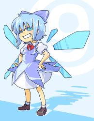 Rule 34 | blue eyes, blue hair, bow, cirno, embodiment of scarlet devil, grin, hair bow, hands on own hips, makarori, short hair, smile, solo, touhou, wings