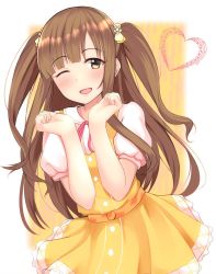 Rule 34 | 10s, 1girl, border, bow, brown eyes, brown hair, commentary request, dress, hair bow, hands up, heart, idolmaster, idolmaster cinderella girls, light brown hair, long hair, mizumoto yukari, musical note, one eye closed, open mouth, puffy short sleeves, puffy sleeves, ribbon, short sleeves, smile, solo, staff (music), suzutarou gunsou, twintails, white border, yellow background, yellow bow, yellow dress