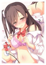 Rule 34 | 1girl, 3:, back, bare shoulders, blush, bow, bow bra, bowtie, bra, breasts, brown eyes, brown hair, cleavage, collared shirt, embarrassed, hair ornament, hair scrunchie, heart, highres, long hair, looking at viewer, medium breasts, motion lines, navel, off shoulder, one side up, open clothes, open shirt, original, pink bra, red bow, red bowtie, scrunchie, shirt, sidelocks, solo, stethoscope, stomach, striped bow, striped bowtie, striped clothes, striped neckwear, sweat, underwear, undressing, uzuki hiro, white shirt
