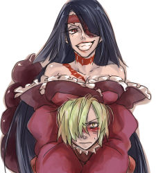 Rule 34 | 00s, 1boy, 1girl, adiane, bare shoulders, blonde hair, blue hair, blush, breast rest, breasts, breasts on head, cleavage, detached sleeves, dress, eyepatch, frilled dress, frills, grin, high collar, large breasts, long hair, lowres, red eyes, scorpion tail, simple background, smile, tail, tattoo, tengen toppa gurren lagann, viral (ttgl), white background, yellow eyes