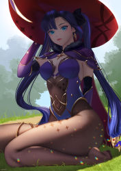 Rule 34 | 1girl, absurdres, arm behind back, artist name, asymmetrical bangs, bad id, bad pixiv id, blue eyes, blue hair, bodystocking, bodysuit, breasts, brown bodysuit, cape, cleavage, day, detached sleeves, earrings, fur-trimmed cape, fur trim, genshin impact, hair intakes, hat, highres, jewelry, leotard, lichiko, long hair, long sleeves, looking at viewer, medium breasts, mona (genshin impact), outdoors, purple cape, purple leotard, purple sleeves, red hat, sitting, solo, strapless, strapless leotard, thighlet, twintails, very long hair, wariza