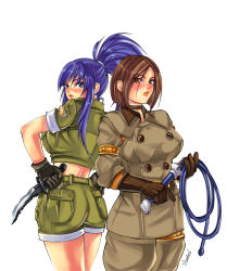 Rule 34 | 2girls, ass, back-to-back, blue eyes, blue hair, breasts, brown eyes, brown hair, choker, combat knife, cropped jacket, gloves, hands on own hips, highres, khakis, knife, large breasts, leona heidern, lips, long hair, looking back, military, military uniform, multiple girls, ponytail, short hair, shorts, sleeves rolled up, snk, the king of fighters, ultimatesol, uniform, weapon, whip, whip (kof)