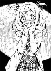 Rule 34 | 1girl, absurdres, blush, cherry blossoms, covering own mouth, embarrassed, female focus, greyscale, highres, holding, holding own hair, jacket, kantoku, kurumi (kantoku), long hair, monochrome, nose blush, original, school uniform, solo, twintails