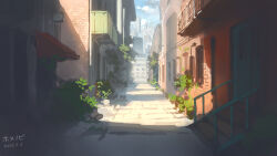 2023 alley apartment balcony blue_sky building city cloud cloudy_sky dated day highres home_nobi original plant potted_plant railing road scenery shadow sky stairs street tee vines