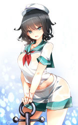 Rule 34 | 1girl, :d, absurdres, anchor, anchor symbol, black hair, blue background, breasts, commentary request, cowboy shot, crop top, gradient background, green eyes, green sailor collar, hat, highres, large breasts, looking at viewer, midriff, murasa minamitsu, navel, open mouth, raptor7, sailor collar, sailor hat, sailor shirt, shirt, short hair, shorts, smile, solo, standing, thighs, touhou, white background, white hat, white shirt, white shorts