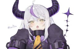 Rule 34 | 1girl, ahoge, ascot, black horns, braid, braided bangs, collar, fang, highres, hololive, horns, la+ darknesss, la+ darknesss (1st costume), metal collar, multicolored hair, pointy ears, purple hair, skin fang, sleeves past fingers, sleeves past wrists, streaked hair, striped horns, tsukikaze aki, virtual youtuber, yellow ascot, yellow eyes