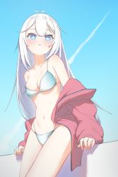 Rule 34 | 1girl, absurdres, antenna hair, aqua bikini, bikini, blue background, blue eyes, blue sky, blush, breasts, bright pupils, collarbone, commentary request, cowboy shot, day, gumi (guminghc), hair between eyes, highres, jacket, leaning back, long hair, navel, off shoulder, open clothes, open jacket, parted lips, pink jacket, sidelocks, sky, sleeves past wrists, small breasts, solo, stomach, strap slip, swimsuit, thighs, two-tone background, vei (vtuber), vei (vtuber) (1st costume), very long hair, virtual youtuber, vshojo, wet, white background, white hair, white pupils