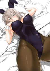 Rule 34 | 10s, 1girl, animal ears, bed, blue eyes, breasts, brown pantyhose, cleavage, fake animal ears, frilled pillow, frills, girls und panzer, highres, itsumi erika, large breasts, leotard, lying, on back, on bed, pantyhose, parted lips, pillow, playboy bunny, rabbit ears, short hair, silver hair, solo, takano yuki (mangaka), wrist cuffs