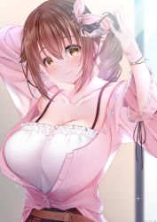 Rule 34 | 1girl, alternate breast size, armpits, arms up, belt, black ribbon, blush, breasts, brown belt, brown eyes, brown hair, camisole, cleavage, collarbone, drop.b, frills, hair between eyes, hair ornament, hair ribbon, hand in own hair, highres, hololive, large breasts, long hair, long sleeves, looking down, open clothes, open shirt, pink shirt, ribbon, shirt, sidelocks, solo, spaghetti strap, star (symbol), star hair ornament, tokino sora, tokino sora (casual), tying hair, upper body, virtual youtuber, wide sleeves, wristband