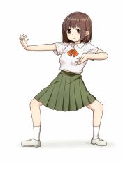 Rule 34 | 1girl, black eyes, bow, bowtie, brown hair, collared shirt, commentary request, green skirt, grey footwear, kawai makoto, legs apart, looking at viewer, original, parted lips, pleated skirt, red bow, red bowtie, school uniform, shirt, shoes, short hair, short sleeves, signature, simple background, skirt, socks, solo, standing, white shirt, white socks, wing collar