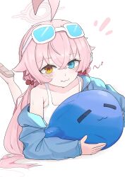 Rule 34 | 1girl, :3, absurdres, ahoge, blue archive, blue eyes, blue shirt, blush, bra, collarbone, glasses, hair between eyes, halo, heterochromia, high (hgih), highres, hoshino (blue archive), long hair, lying, pink hair, pink halo, shirt, simple background, solo, twintails, underwear, very long hair, white background, white bra, yellow eyes