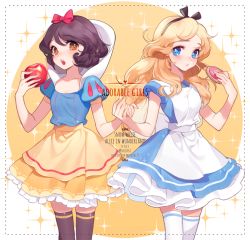 Rule 34 | 2girls, :o, adapted costume, alice (alice in wonderland), alice in wonderland, apple, apron, artist name, bad id, bad pixiv id, black bow, black hair, black legwear, blonde hair, blue dress, blue eyes, blush, border, bow, company connection, cookie, copyright name, cowboy shot, crossover, disney, dotted line, dress, eyebrows, food, frilled dress, frills, fruit, hair bow, hairband, heart, holding, holding food, holding fruit, holding hands, long hair, looking at viewer, messy hair, multiple girls, open mouth, orange eyes, pleated dress, puff and slash sleeves, puffy short sleeves, puffy sleeves, red bow, seoji, short hair, short sleeves, skirt, snow white, snow white (disney), snow white and the seven dwarfs, sparkle, swept bangs, thighhighs, watermark, web address, white legwear, yellow skirt, zettai ryouiki