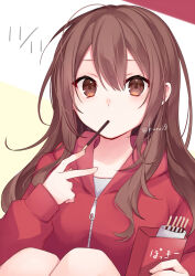 Rule 34 | 1girl, brown eyes, brown hair, copyright request, dated, feet out of frame, food, hair between eyes, hands up, holding, hood, hood down, hooded jacket, jacket, knees up, kuroi (liar-player), long hair, long sleeves, looking at viewer, pocky, pocky day, puffy long sleeves, puffy sleeves, red jacket, shirt, sleeves past wrists, solo, twitter username, very long hair, white shirt