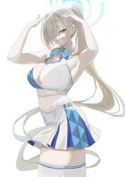 Rule 34 | 1girl, absurdres, alternate costume, aqua nails, armpits, asuna (blue archive), bare arms, bare shoulders, blue archive, blue bow, blue bowtie, blue eyes, bow, bowtie, breasts, cleavage, detached collar, grey hair, hair over one eye, halo, highres, large breasts, long hair, looking at viewer, millennium cheerleader outfit (blue archive), nail polish, one eye covered, ponytail, simple background, skirt, smile, solo, thighhighs, thighs, tnr (horiko1525), white background, white thighhighs