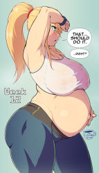 Rule 34 | 1girl, aqua eyes, armpits, big belly, blonde hair, blue pants, blush, breasts, coffeeslice, covered erect nipples, english text, from side, hand on own stomach, highres, huge breasts, long hair, metroid, muscular, muscular female, nintendo, pants, ponytail, pregnant, samus aran, scrunchie, see-through, sideways mouth, solo, speech bubble, sports bra, sportswear, standing, sweat, thick thighs, thighs, wet, wet clothes, white sports bra, wiping forehead, wiping sweat, wristband, yoga pants