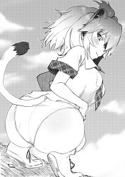 Rule 34 | 10s, 1girl, animal ears, ass, blouse, closed mouth, cloud, cloudy sky, collared shirt, commentary request, cross-laced footwear, crotch seam, day, dutch angle, from behind, full body, greyscale, highres, kemono friends, lion (kemono friends), lion ears, looking at viewer, looking back, monochrome, necktie, no pants, outdoors, panties, plaid necktie, plaid neckwear, saku (saku1151), shirt, shoes, short hair, short sleeves, sky, smile, sneakers, solo, squatting, tail, underwear