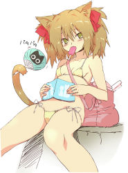 1girl animal_ears bag bare_shoulders bikini blush book bow breasts brown_hair cat_ears cat_tail hand_fan flat_chest food green_eyes hair_bow lowleg mamecchi neko_no_wakusei original popsicle short_hair side-tie_bikini_bottom small_breasts string_bikini swimsuit tail