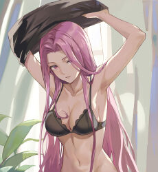 Rule 34 | 1girl, armpits, blush, bra, breasts, cleavage, collarbone, fate/grand order, fate/stay night, fate (series), highres, kuza brs, large breasts, long hair, looking at viewer, medusa (fate), medusa (rider) (fate), navel, purple eyes, purple hair, solo, underwear, very long hair