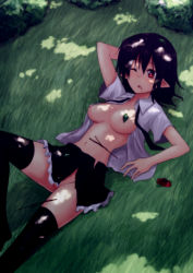 Rule 34 | 1girl, absurdres, areola slip, black hair, black thighhighs, blush, breasts, breasts apart, censored, chipa (arutana), convenient censoring, cup, dappled sunlight, drooling, female focus, grass, groin, highres, large breasts, leaf, leaf censor, looking away, lying, navel, no bra, no headwear, no headwear, no panties, on back, open clothes, open mouth, open shirt, pointy ears, red eyes, sakazuki, saliva, shameimaru aya, shirt, short hair, skirt, solo, sunlight, thighhighs, torn clothes, torn skirt, touhou, tree shade, wince