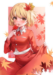 Rule 34 | 1girl, absurdres, aki shizuha, azumake (azumakei), blonde hair, blush, border, buttons, clothes lift, cowboy shot, hair between eyes, hair ornament, highres, holding, holding leaf, leaf, leaf hair ornament, lifting own clothes, long sleeves, looking at viewer, open mouth, red skirt, red vest, short hair, skirt, skirt lift, smile, solo, touhou, vest, white border, yellow eyes