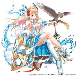 Rule 34 | 1girl, animal, ankle boots, armor, armored boots, bare shoulders, beak, bird, blonde hair, blue skirt, blush, boots, breasts, center opening, cleavage, closed mouth, collar, crossed legs, detached sleeves, dress, eagle, earrings, eyebrows, fatkewell, flying, fur trim, head tilt, jewelry, kai-ri-sei million arthur, large breasts, long hair, looking at viewer, magic, million arthur (series), official art, outstretched arm, purple eyes, shawl, shield, single thighhigh, sitting, skirt, smile, sword, thighhighs, water, water drop, weapon, white thighhighs