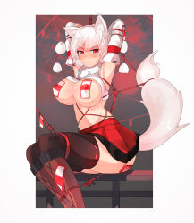 Rule 34 | 1girl, animal ears, armpits, arms behind head, ass, bdsm, blush, bondage, boots, bound, breasts, cleavage, clothes lift, covered erect nipples, cross-laced footwear, detached sleeves, ehrrr, highres, inubashiri momiji, knee boots, large breasts, looking at viewer, miniskirt, navel, nose blush, pasties, red eyes, restrained, shirt lift, short hair, sitting, skirt, solo, tail, thighhighs, touhou, white hair, wolf ears, wolf tail