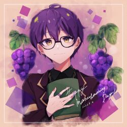 Rule 34 | 1boy, android, brown eyes, chrom (technoroid), closed mouth, dated, food, fruit, glasses, grapes, happy birthday, highres, looking at viewer, male focus, purple background, purple hair, purple theme, shenaa, short hair, smile, solo, technoroid