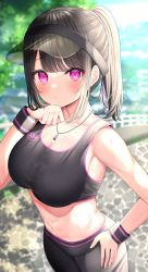 Rule 34 | 1girl, armpits, bare shoulders, black hair, black pants, breasts, closed mouth, crop top, day, hand up, highres, jewelry, large breasts, long hair, looking at viewer, midriff, mizukoshi (marumi), navel, necklace, original, outdoors, pants, pink eyes, ponytail, sleeveless, solo, sports bra, stomach, sweat, sweatband, visor cap, yoga pants