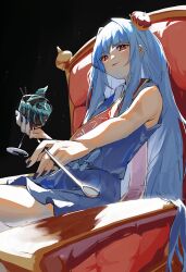 Rule 34 | 1girl, alternate costume, armpit crease, black background, black nails, blue dress, blue hair, blush, collared dress, commentary request, crown, dress, feet out of frame, food, hair flowing over, hair intakes, highres, holding, holding food, holding ice cream, holding spoon, ice cream, kotonoha aoi, light particles, long hair, looking at viewer, mini crown, mint chocolate, outstretched arm, parfait, parted lips, pocche-ex, red eyes, red sash, sash, simple background, sitting, sleeveless, sleeveless dress, smirk, solo, spoon, throne, tilted headwear, very long hair, voiceroid, zettai ni chocomint wo taberu aoi-chan (voiceroid)