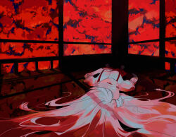 Rule 34 | 1girl, abstract background, absurdres, fujiwara no mokou, highres, indoors, light, long hair, looking at viewer, lying, on back, overalls, pants, red eyes, red overalls, red pants, s u d, shadow, shirt, touhou, very long hair, white hair, white shirt