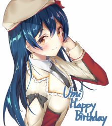 Rule 34 | 1girl, beret, black necktie, blue hair, blush, character name, closed mouth, commentary, earrings, english commentary, gold earrings, happy birthday, hat, highres, isaya (pixiv4541633), jewelry, long hair, long sleeves, looking at viewer, love live!, love live! school idol project, necktie, simple background, smile, solo, sonoda umi, white background, white hat, yellow eyes