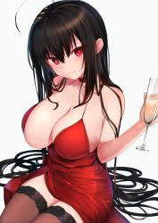 Rule 34 | 1girl, ahoge, azur lane, bare arms, bare shoulders, black hair, breasts, brown thighhighs, champagne flute, choker, cleavage, cocktail dress, collarbone, covered erect nipples, cup, dress, drink, drinking glass, hair between eyes, hair ornament, hand up, head tilt, highres, holding, large breasts, long hair, looking at viewer, official alternate costume, red choker, red dress, red eyes, sidelocks, simple background, sitting, skindentation, sleeveless, sleeveless dress, smile, solo, spaghetti strap, taihou (azur lane), taihou (forbidden feast) (azur lane), thighhighs, very long hair, west 24, white background