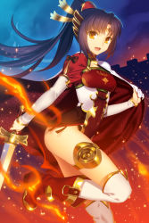 Rule 34 | 1girl, :d, absurdres, black hair, black panties, breasts, detached sleeves, fire, floating hair, hair ornament, high ponytail, highres, holding, holding sword, holding weapon, leg up, long hair, looking at viewer, medium breasts, open mouth, orange eyes, panties, red footwear, sangoku romance, smile, solo, standing, standing on one leg, sword, thighhighs, underwear, very long hair, weapon, white thighhighs, yangsion
