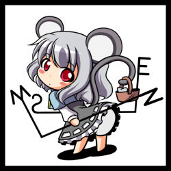 Rule 34 | 1girl, aitsugawa rui, animal ears, bad id, bad pixiv id, basket, blush stickers, chibi, dress, female focus, holding, holding with tail, looking back, mouse (animal), mouse ears, mouse tail, nazrin, prehensile tail, red eyes, silver hair, solo, standing, tail, touhou