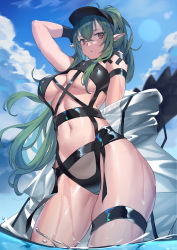 Rule 34 | 1girl, absurdres, antenna hair, arknights, arm behind head, armpits, arms up, bankongping, bare shoulders, bikini, black bikini, breasts, crocodilian tail, gavial (arknights), green hair, groin, highleg, highleg bikini, highres, large breasts, long hair, looking at viewer, multiple straps, navel, official alternate costume, open mouth, pointy ears, ponytail, solo, stomach, swimsuit, tail, thigh strap, thighs, underboob, visor cap, wading, yellow eyes