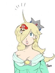 Rule 34 | 1boy, 1girl, ahoge, bare shoulders, blonde hair, blue eyes, breasts, cleavage, crown, dress, earrings, facial hair, gloves, hair over one eye, hat, jewelry, large breasts, lips, long hair, looking up, mario, mario (series), mini person, miniboy, mustache, nintendo, nm qi, off-shoulder dress, off shoulder, on head, open mouth, person on head, pink lips, red headwear, rosalina, simple background, star (symbol), star earrings, super mario bros. 1, super mario galaxy, twitter username, upper body, white background, white gloves