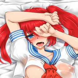 Rule 34 | 1girl, bed, blue eyes, blush, breasts, female focus, lying, nipples, on back, open mouth, pillow, red hair, saliva, school uniform, see-through, serafuku, solo, tears, twintails, upper body, yoou (artist)