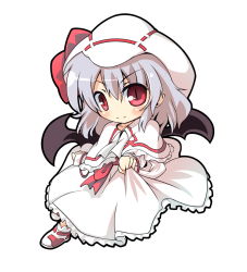 Rule 34 | 1girl, ascot, bat wings, blush, bracelet, capelet, curiosities of lotus asia, female focus, hat, hat ribbon, jewelry, long sleeves, red eyes, remilia scarlet, ribbon, silver hair, slit pupils, smile, solo, take tonbo, touhou, white background, wings