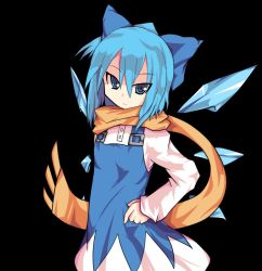 Rule 34 | 1girl, alphes (style), black background, blue eyes, blue hair, bow, cirno, cirno-nee, hair bow, hair ornament, hand on own hip, ice, matching hair/eyes, parody, perfect cherry blossom, riicha, scarf, solo, style parody, touhou, tsurime, wings