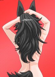 Rule 34 | 1girl, absurdres, animal ears, black hair, eduson02, from behind, hairdressing, highres, hololive, long hair, nude, ookami mio, ponytail, screentones, tail, virtual youtuber, wolf ears, wolf tail
