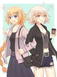 Rule 34 | !, !?, 2girls, :d, :o, ?, ahoge, alternate costume, bag, belt, black jacket, black shirt, blonde hair, blue eyes, braid, breasts, cardigan, casual, cleavage, collarbone, commentary request, cup, cutoff jeans, cutoffs, cyaba 101, fate/grand order, fate (series), hair ornament, hairclip, hand in pocket, handbag, highres, holding, holding cup, jacket, jeanne d&#039;arc (fate), jeanne d&#039;arc (ruler) (fate), jeanne d&#039;arc alter (avenger) (fate), jeanne d&#039;arc alter (fate), jewelry, locked arms, long braid, long hair, long skirt, medium breasts, midriff, multiple girls, musical note, navel, necklace, open cardigan, open clothes, open mouth, pointing, purple skirt, shirt, short hair, shorts, silver hair, single braid, skirt, smile, speech bubble, spoken exclamation mark, spoken musical note, spoken question mark, sweatdrop, very long hair, yellow eyes