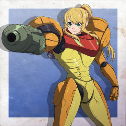 Rule 34 | 1girl, aiming, aiming at viewer, arm cannon, armor, blonde hair, blue background, chuunioniika, clenched hand, female focus, green eyes, grey background, helmet, highres, lips, long hair, metroid, nintendo, no headwear, ponytail, power armor, samus aran, serious, shoulder pads, sidelocks, solo, standing, varia suit, weapon