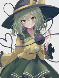 Rule 34 | 1girl, atory, black hat, blush, bow, commentary, green eyes, green hair, green skirt, grey background, hat, hat bow, heart, heart of string, koishi day, komeiji koishi, long sleeves, looking at viewer, shirt, short hair, simple background, skirt, smile, solo, third eye, touhou, yellow bow, yellow shirt