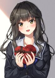 Rule 34 | 1girl, black hair, black shirt, blush, box, braid, collared shirt, commentary request, gift, gift box, heart-shaped box, highres, holding, holding gift, long hair, long sleeves, looking at viewer, original, parted lips, sailor collar, school uniform, shirt, side braid, sidelighting, sleeves past wrists, solo, teeth, unasaka ryou, upper body, upper teeth only, white sailor collar, yellow eyes
