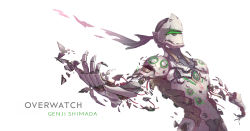 Rule 34 | 1boy, broken, character name, commentary request, copyright name, crack, cyborg, destruction, eep167389, genji (overwatch), helmet, highres, male focus, mechanical arms, mechanical parts, overwatch, overwatch 1, severed limb, shuriken, simple background, single mechanical arm, solo, upper body, weapon, white background, wire