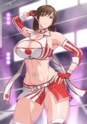 Rule 34 | 1girl, abs, alternate costume, armpits, breasts, cleavage, hand on own hip, highres, hinomoto reiko, konami, large breasts, model pose, rumble roses, short hair, skirt, solo, tagme