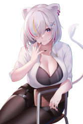 Rule 34 | 1girl, animal ears, black bra, black nails, black pantyhose, blonde hair, blue hair, bra, breasts, chair, cleavage, closed mouth, collared shirt, commentary request, ear piercing, eyes visible through hair, hair ornament, hair over one eye, hand up, highres, hololive, kaneko (bblogtinhan), large breasts, lion ears, lion girl, lion tail, multicolored hair, nail polish, on chair, pantyhose, piercing, purple eyes, red hair, shirt, shishiro botan, shishiro botan (button-down), silver hair, simple background, sitting, sitting sideways, solo, streaked hair, tail, tail raised, thigh strap, underwear, virtual youtuber, white background, white shirt, x hair ornament